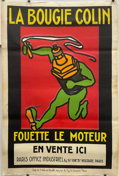 Vintage, La Bougie Colin - Fouette le Moteur, lithographic poster, c.1930 advertisement poster with a green figure holding a candle against a red background.