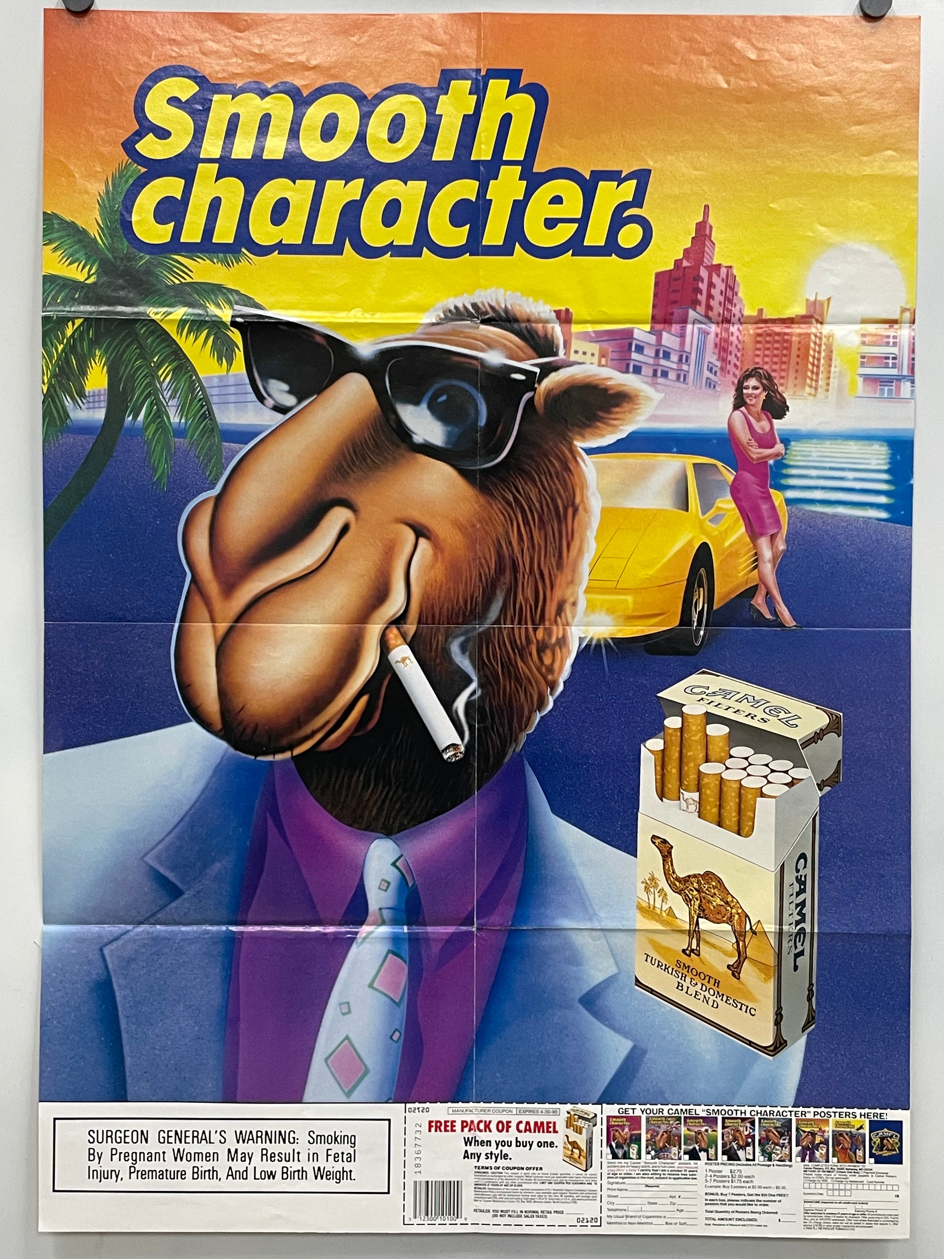 Smooth Character. vintage double-sided Camel cigarettes ad featuring Joe Camel (aka Old Joe) smoking a cigarette and wearing sunglasses, jacket and necktie. Woman leaning against a yellow sportscar waits for him.