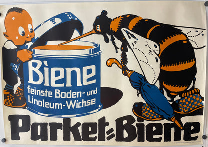 This is a lithographic advertisement for "PARKET BIENE - BIENE FEINSTE BODEN UND LINOLEUM - WICHSE" - finest floor and linoleum wax,  or "PARQUET BEE - THE BEST FROM BEES FOR FLOOR AND LINOLEUM"