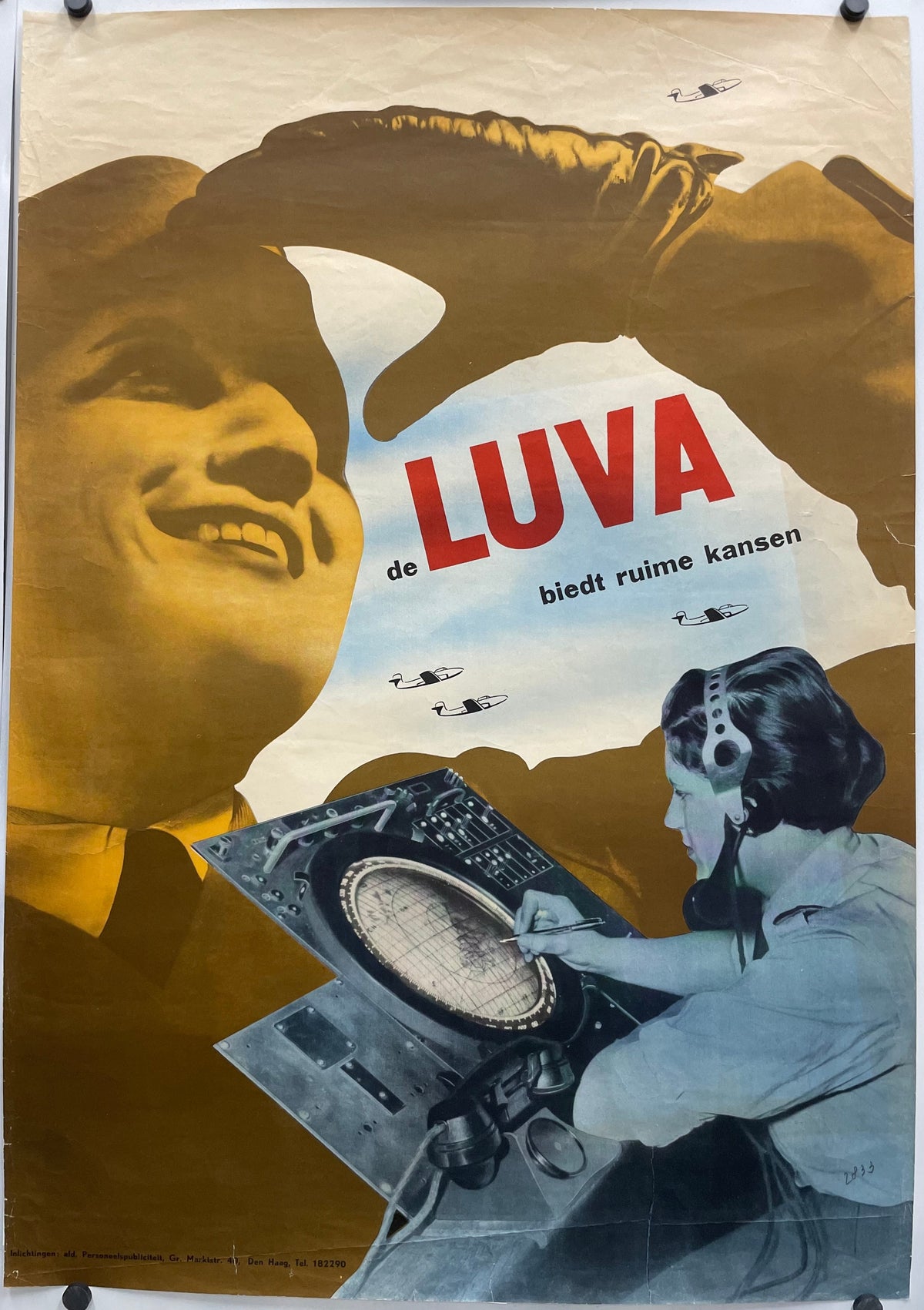 vintage, de LUVA biedt ruime kansen, lithographic recruitment poster, 1951, for women. One image is of a woman wearing a glove in salute, and the other image is of a woman sitting at an air traffic control station.   