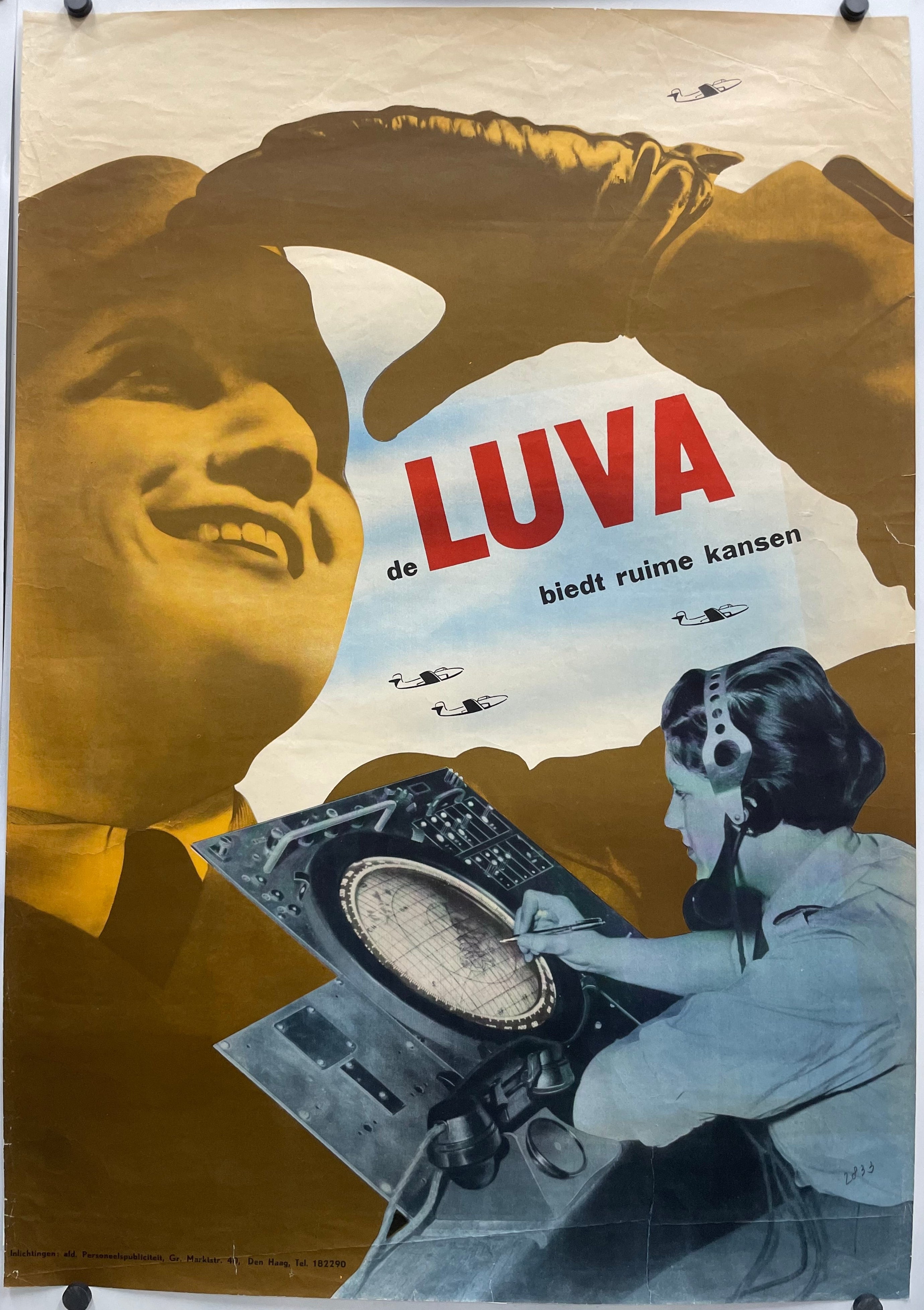 vintage, de LUVA biedt ruime kansen, lithographic recruitment poster, 1951, for women. One image is of a woman wearing a glove in salute, and the other image is of a woman sitting at an air traffic control station.   