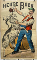 antique, Heute Bock, lithographic German beer brand poster, c.1890s, image of a man enjoying his beer with the brand's mascot, a goat.