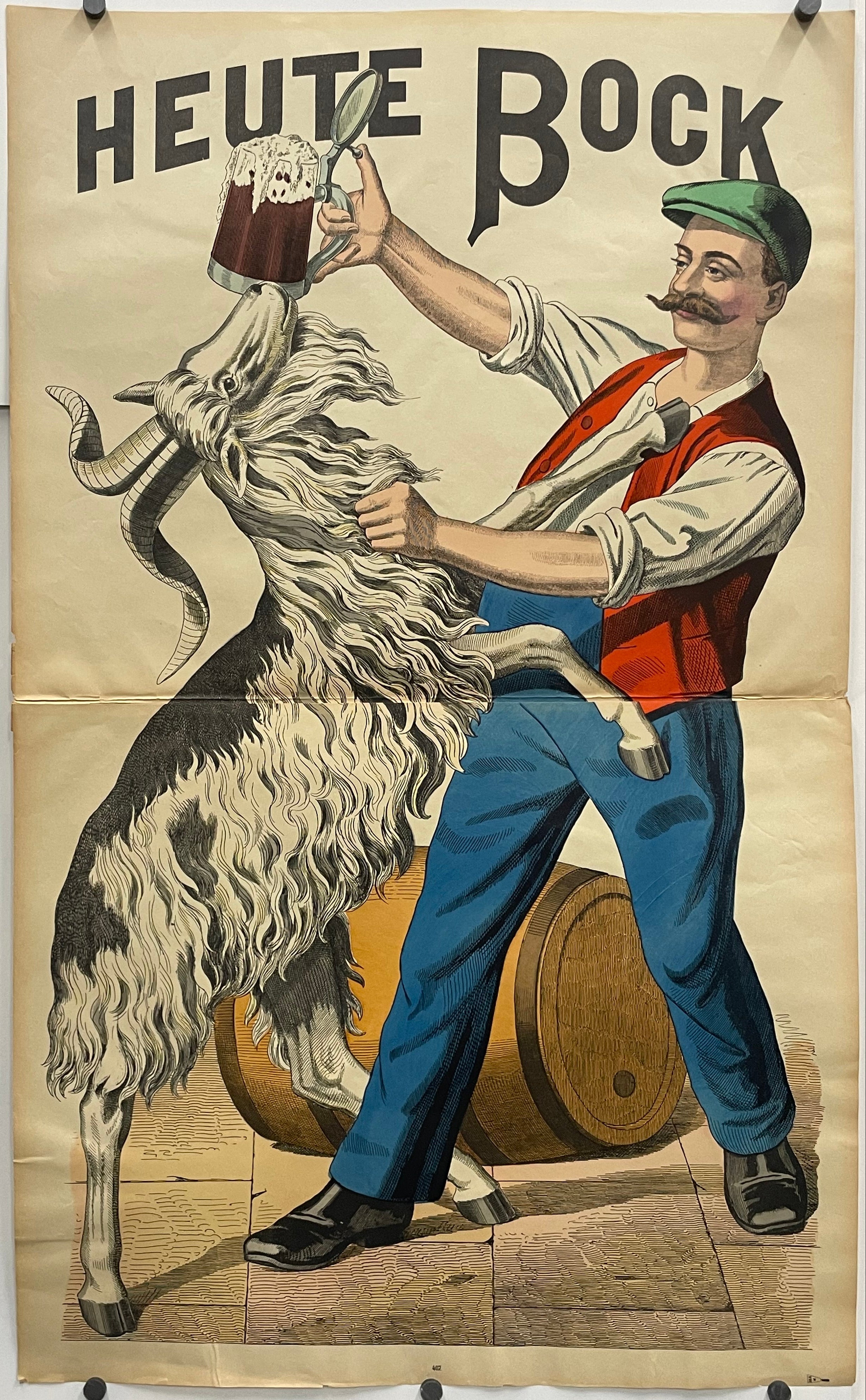 antique, Heute Bock, lithographic German beer brand poster, c.1890s, image of a man enjoying his beer with the brand's mascot, a goat.