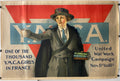 Y.M.C.A. poster with a woman holding books and a cup, set against a red and blue background.