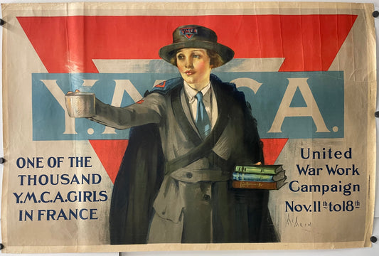 Y.M.C.A. poster with a woman holding books and a cup, set against a red and blue background.