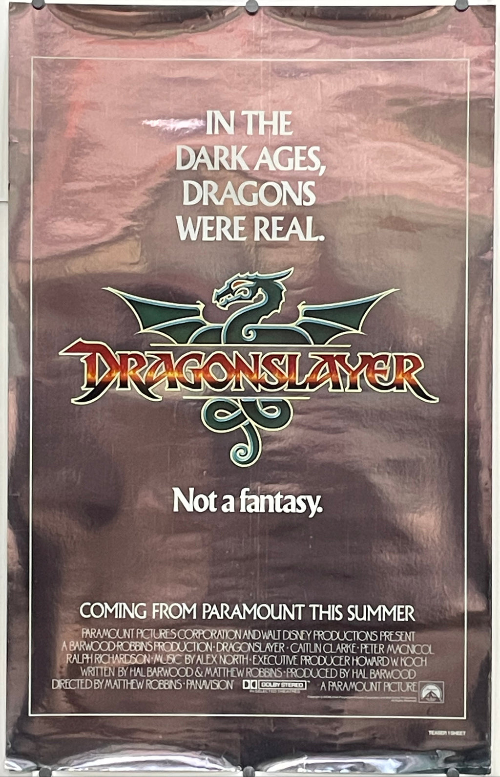 Dragonslayer Teaser 1-sheet (lavender foil)&nbsp;
In the Dark Ages, Dragons Were Real - Not a Fantasy
vintage and rare sci-fi adventure rolled Teaser 1-sheet film poster