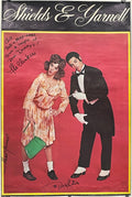 vintage and rare, Shields & Yarnell (dedicated and autographed), theatrical mime act poster, 1977, couple in formal attire on a red background.