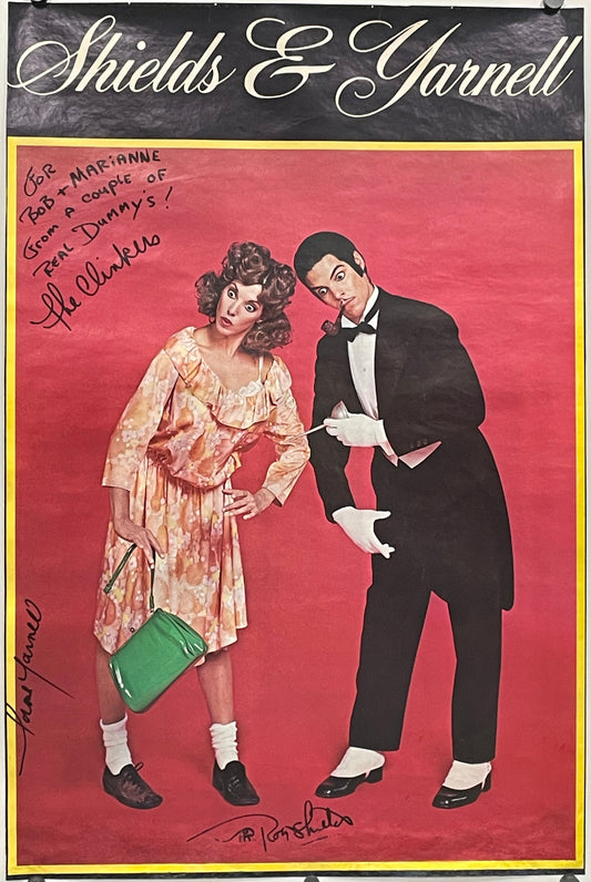 vintage and rare, Shields & Yarnell (dedicated and autographed), theatrical mime act poster, 1977, couple in formal attire on a red background.