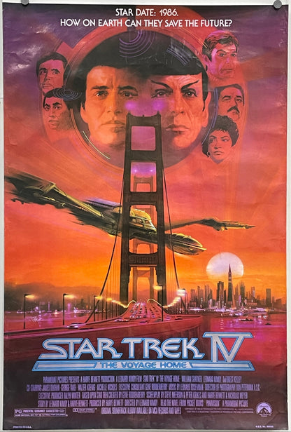 vintage Star Trek lV - The Voyage Home, sci-fi commercial film poster, 1986 with spaceship and cityscape