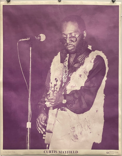 Vintage-style poster of musician, Curtis Mayfield, playing guitar with a microphone, on a purple background, 1971