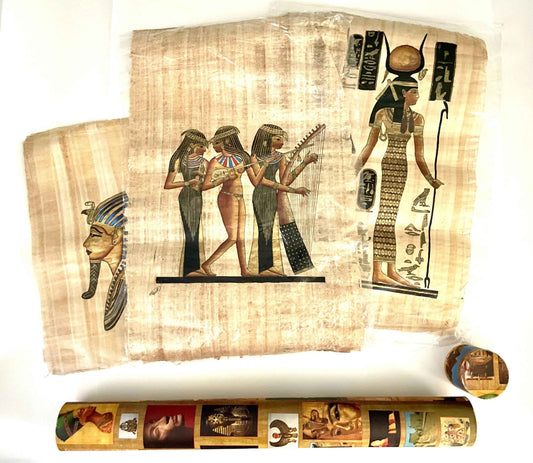 vintage decorative hand-painted on papyrus, (set of 3 from Egypt), c.1970s