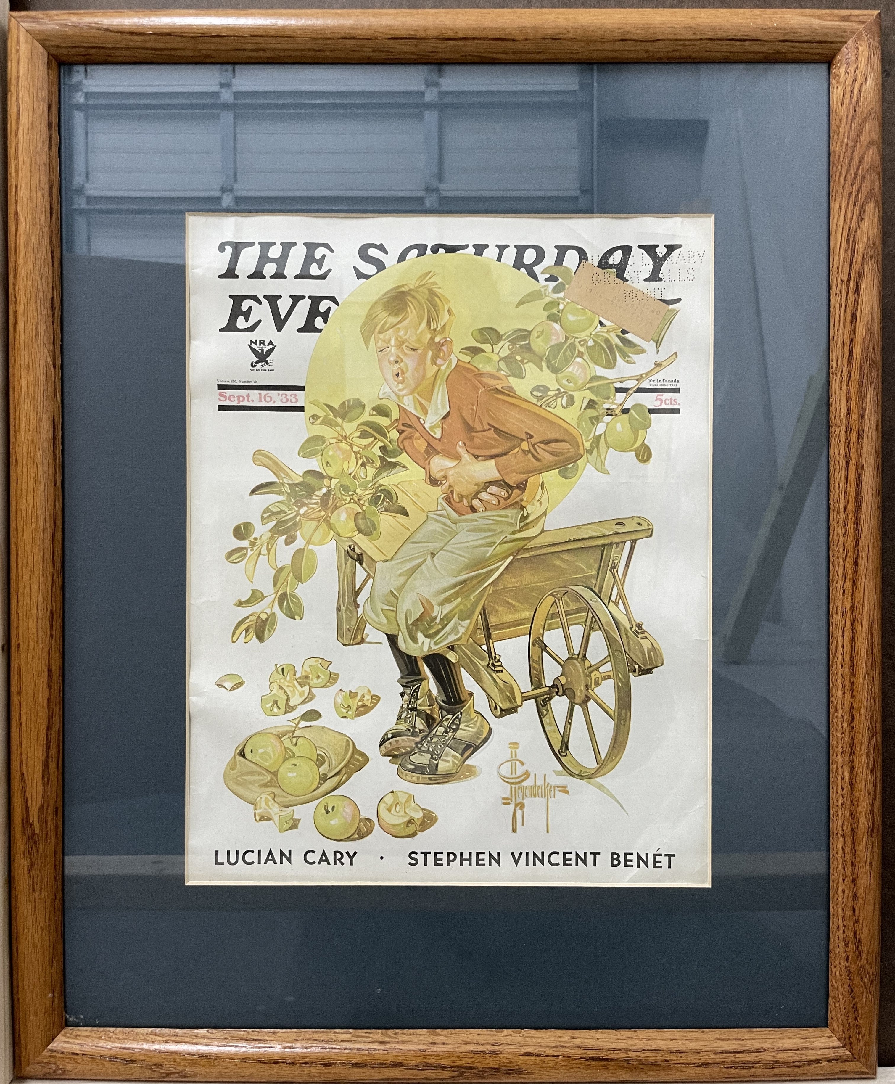 Too Many Green Apples, framed vintage Saturday Evening Post cover, September 16, 1933 Happiest Kid Finds