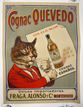 Cognac Quevedo, original and lithographic 1920s Art Deco poster featuring cool cat. 