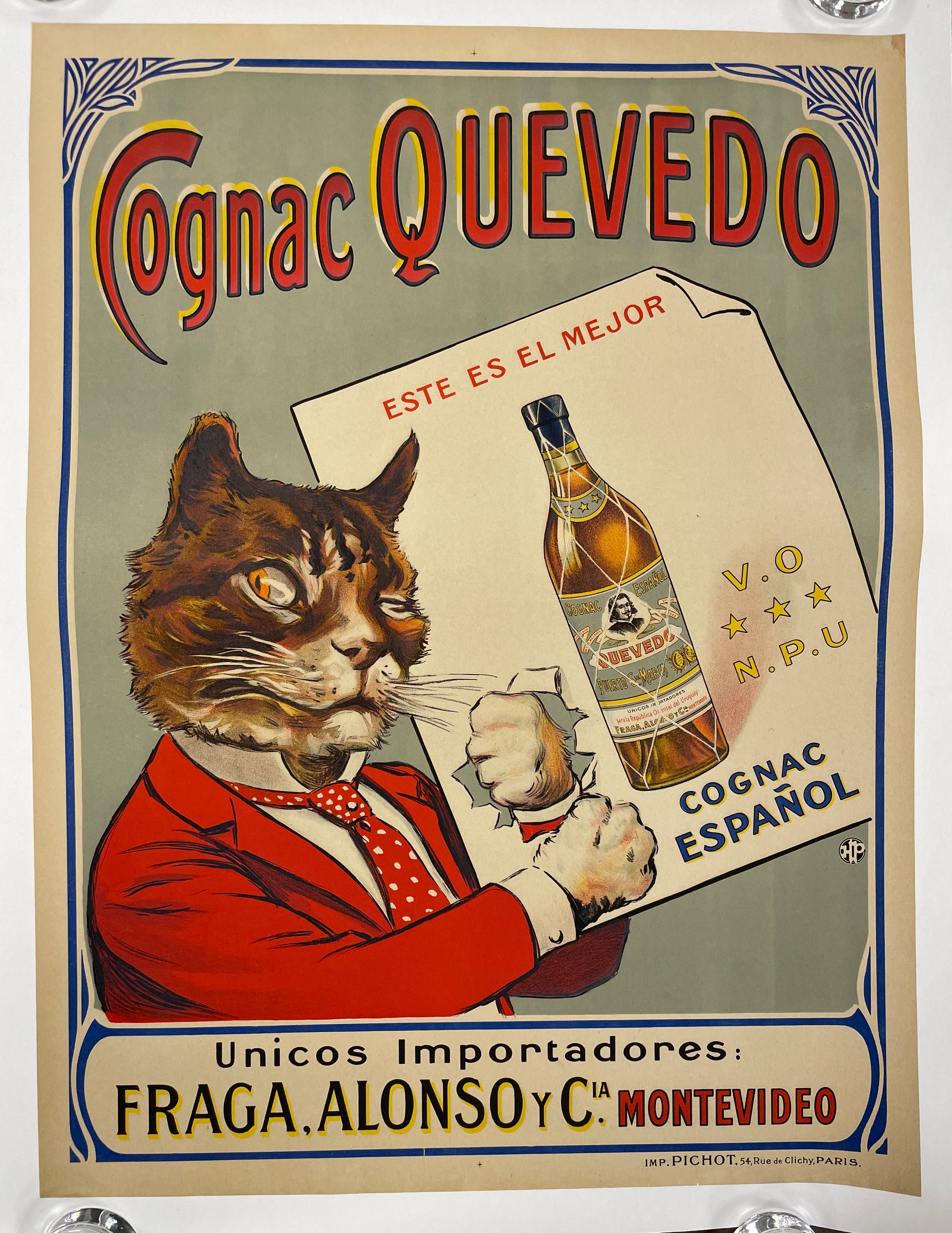 Cognac Quevedo, original and lithographic 1920s Art Deco poster featuring cool cat. 