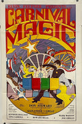 Colorful vintage poster for 'Carnival Magic' with performers and attractions.