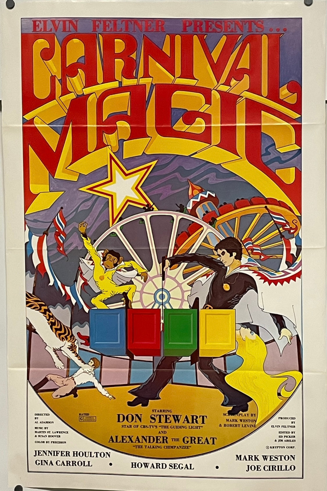 Colorful vintage poster for 'Carnival Magic' with performers and attractions.