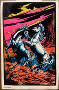 Bright fluorescent colors contrast with the velvet flocking that adds texture to this dynamic graphic of two wild horses for equine lovers and raw, natural beauty