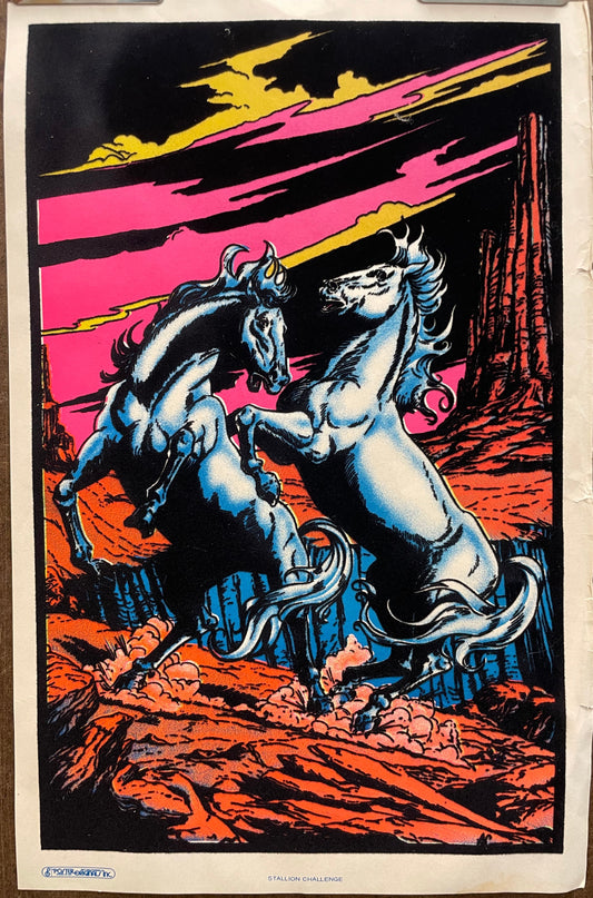 Bright fluorescent colors contrast with the velvet flocking that adds texture to this dynamic graphic of two wild horses for equine lovers and raw, natural beauty