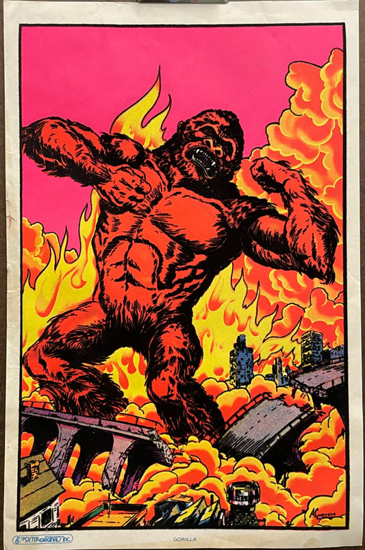 Bright fluorescent colors contrast with the velvet flocking that adds texture to this awesome graphic of the giant gorilla.