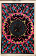 Bright fluorescent colors contrast with the velvet flocking that adds texture to this beautiful geometric design