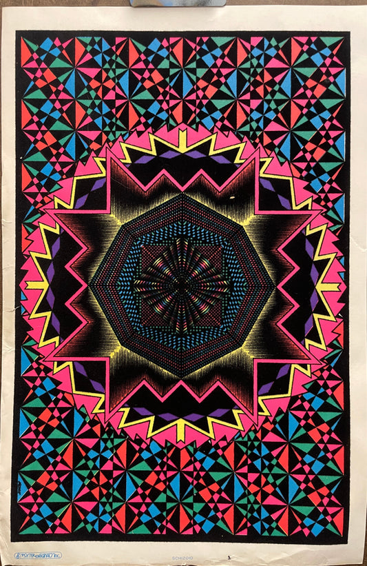 Bright fluorescent colors contrast with the velvet flocking that adds texture to this beautiful geometric design
