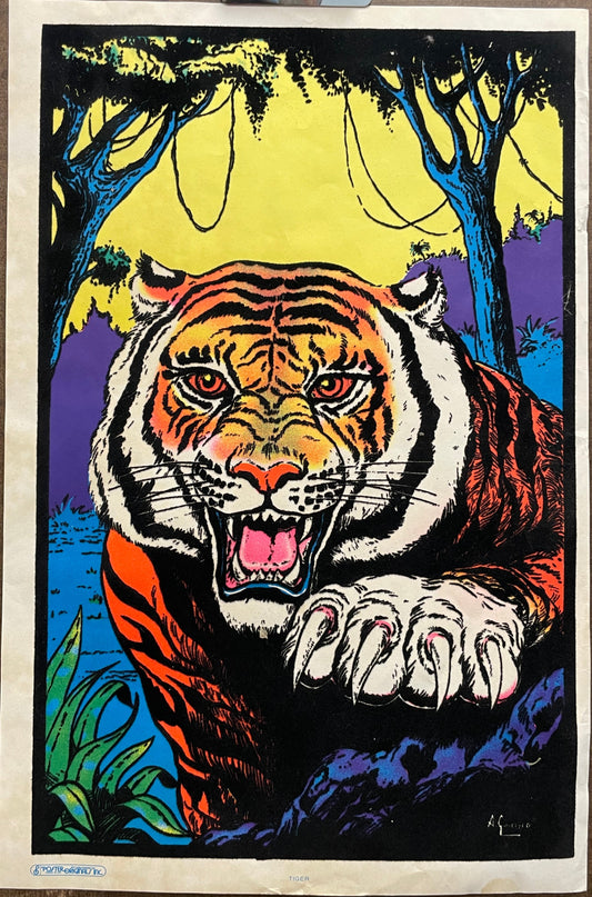 The intense fluorescent colors contrast with the velvet flocking match the intensity of this stunning tiger portrait.