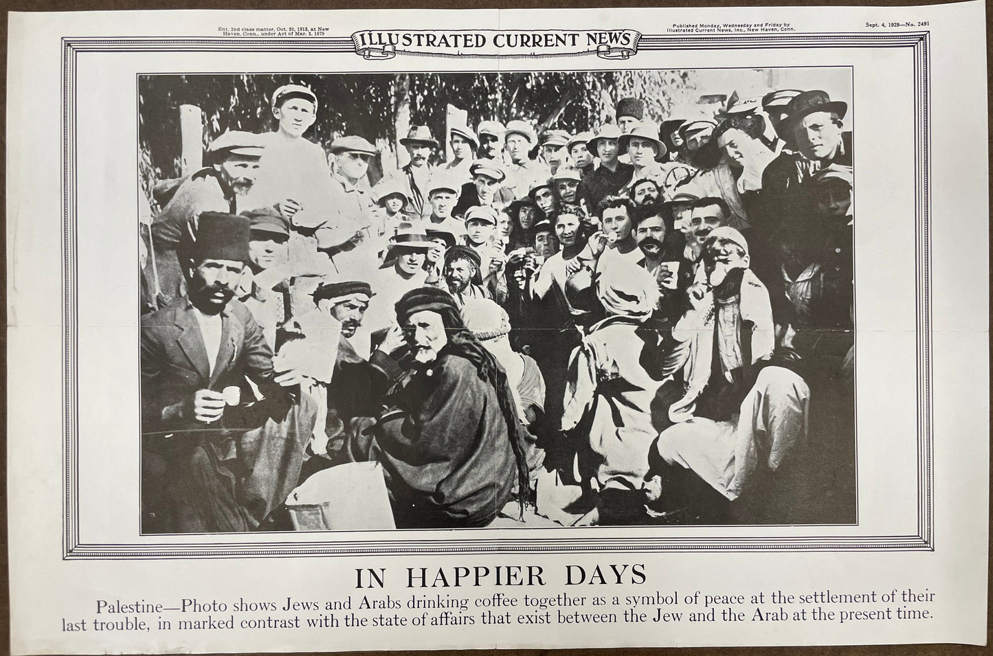 Black and white photo of a crowd with text 'In Happier Days' at the bottom, framed as an illustration.