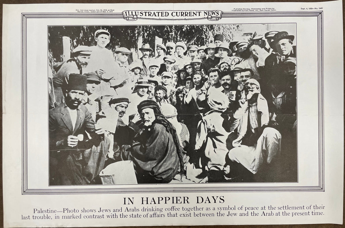 Black and white photo of a crowd with text 'In Happier Days' at the bottom, framed as an illustration.
