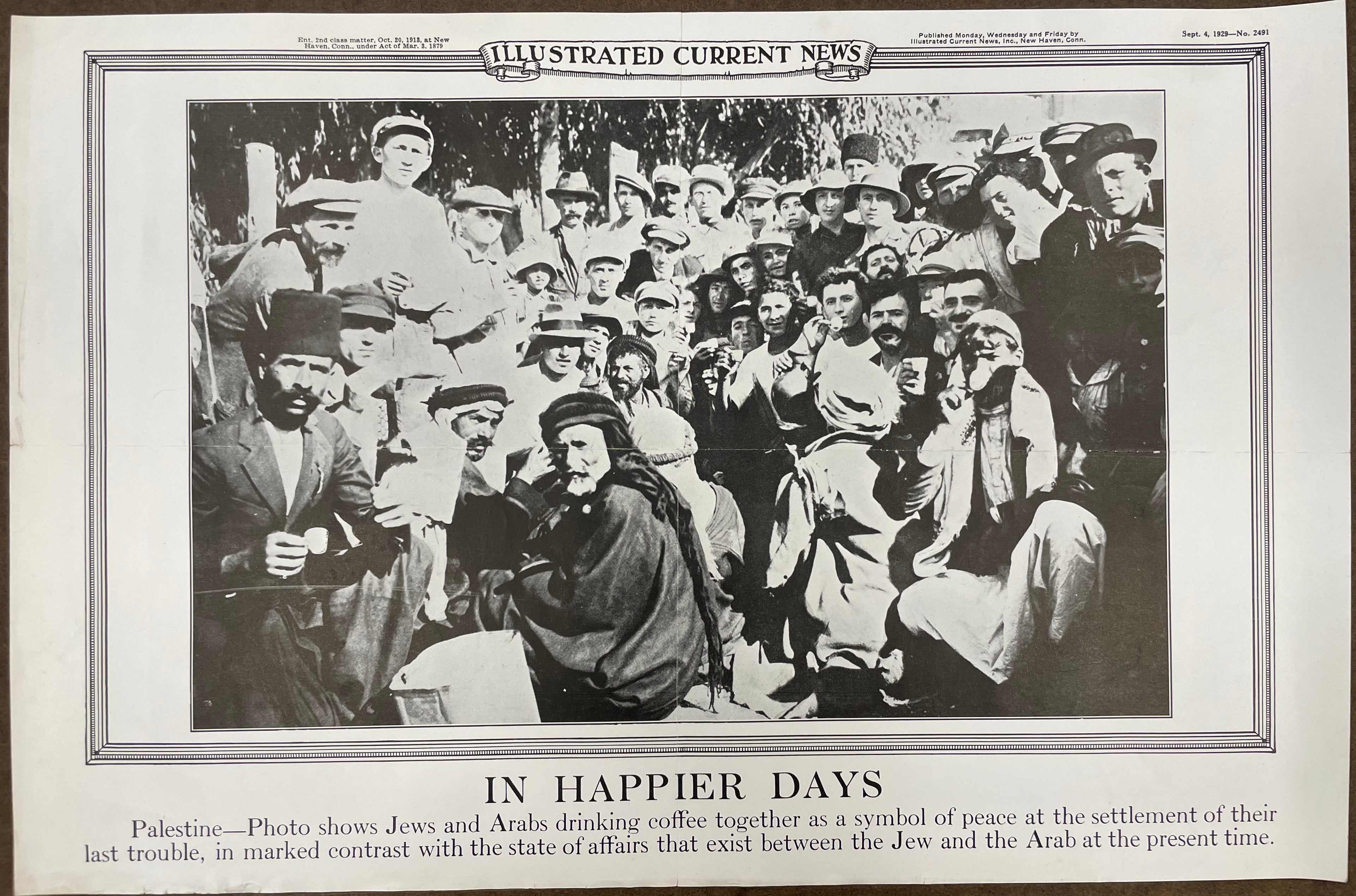 Black and white photo of a crowd with text 'In Happier Days' at the bottom, framed as an illustration.