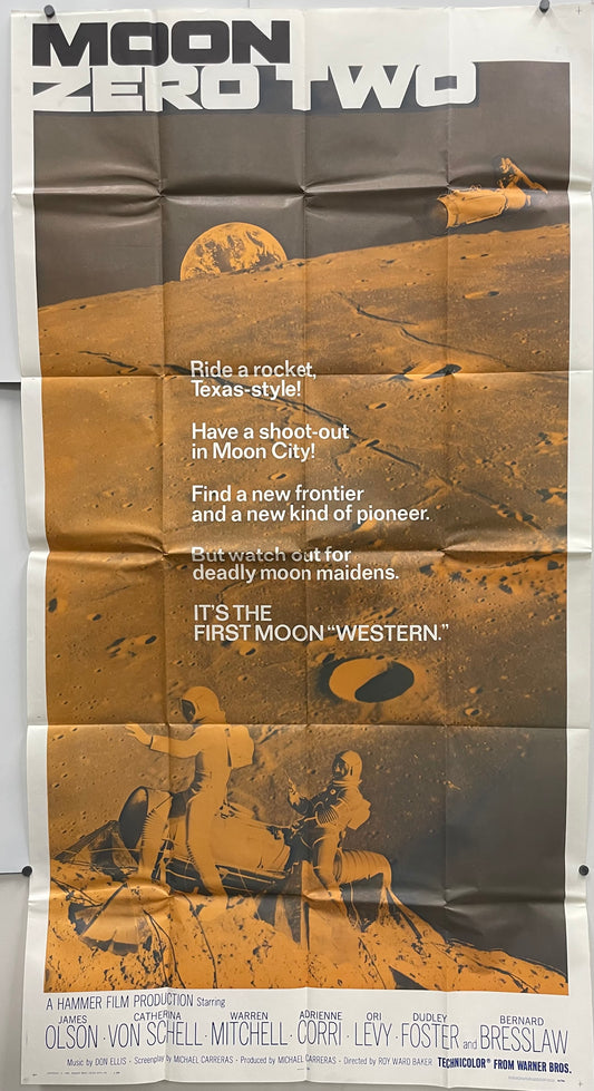 Vintage movie poster for 'Moon Zero Two' with moon landscape,  text, and astronauts riding rockets.