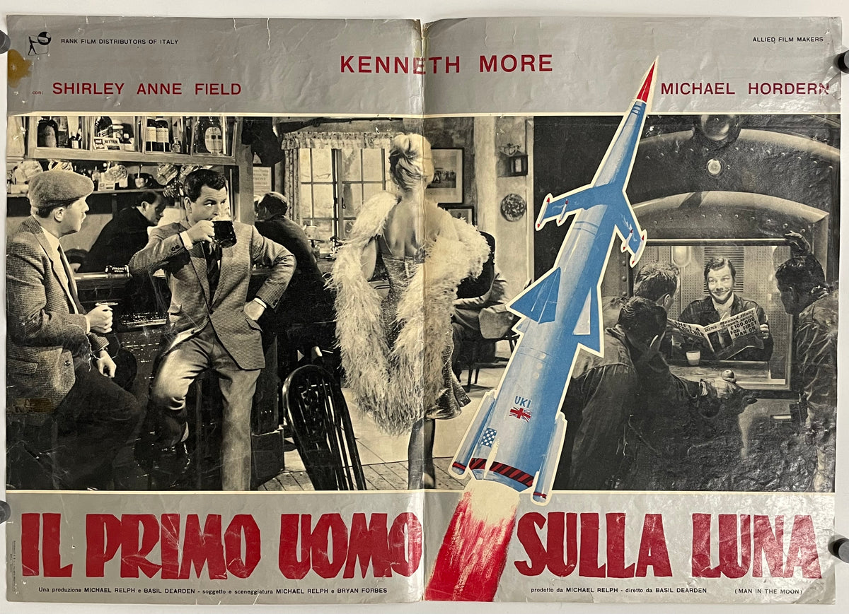 Vintage movie poster with black and white scene and rocket graphic, featuring names Shirley Anne Field, Kenneth More, and Michael Hordern.