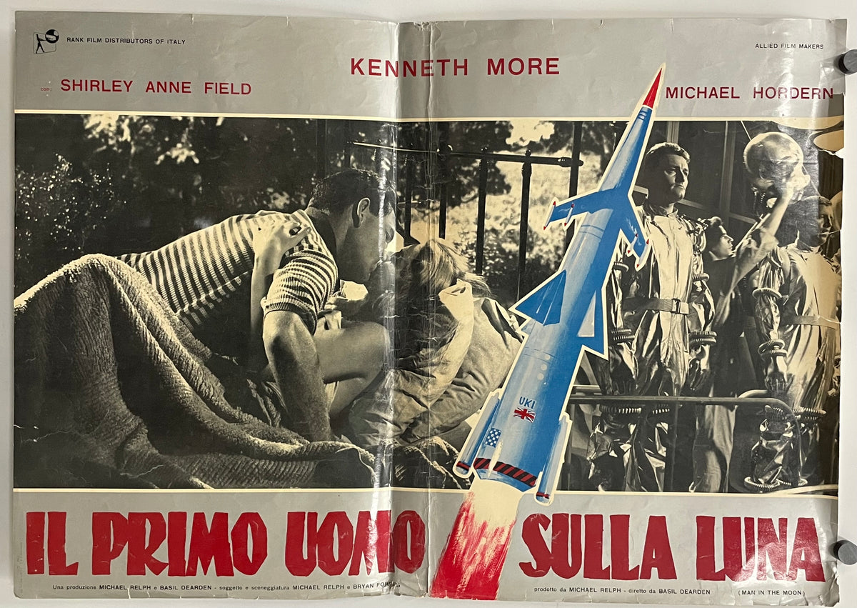 Vintage movie poster with black and white images of people and a rocket, featuring text in Italian.