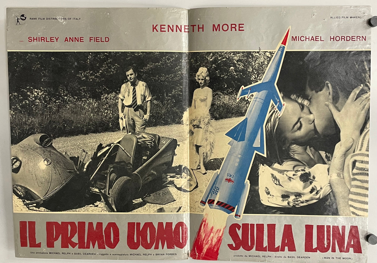 Vintage movie poster with two scenes, one with a car and two people, and another with a rocket and a couple embracing.