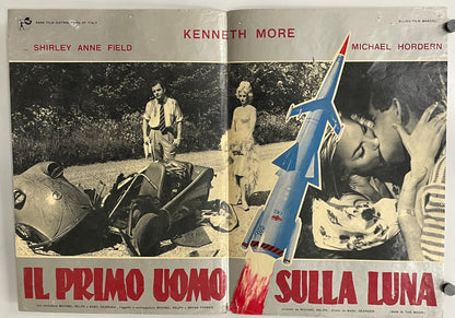 Vintage movie poster with two scenes, one with a car and two people, and another with a rocket and a couple embracing.