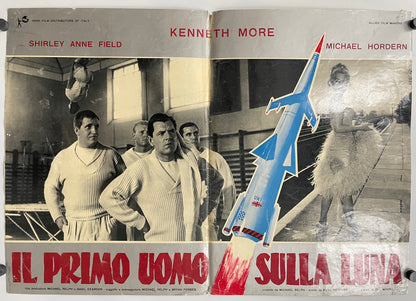 Vintage movie poster with black and white images of people and a rocket, featuring text in Italian.