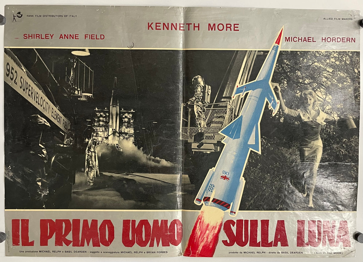 Vintage movie poster with a rocket and people, featuring text in Italian.