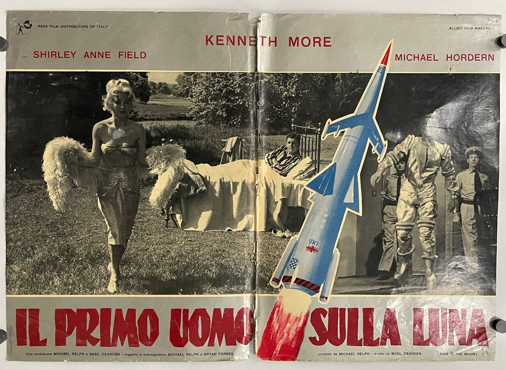 Vintage movie poster with black and white images of a woman, a man, and a rocket, with text in Italian.