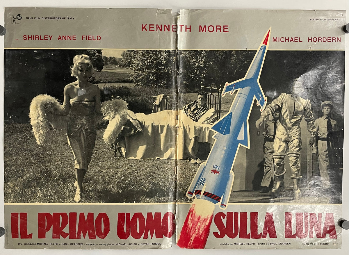 Vintage movie poster with black and white images of a woman, a man, and a rocket, with text in Italian.