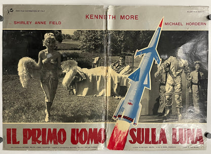 Vintage movie poster with black and white images of a woman, a man, and a rocket, with text in Italian.