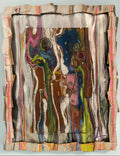 Collage art with layered paper textures and colors on a light gray background