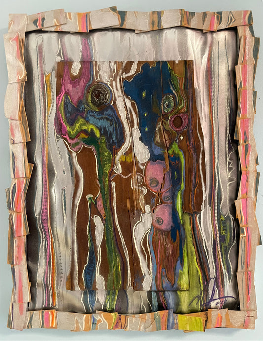 Collage art with layered paper textures and colors on a light gray background