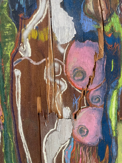Abstract painting with pink flowers and a textured background