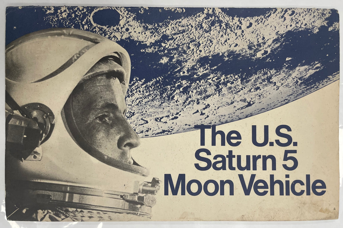 Vintage-style advertisement for U.S. Saturn 5 Moon Vehicle with astronaut helmet and lunar surface background.