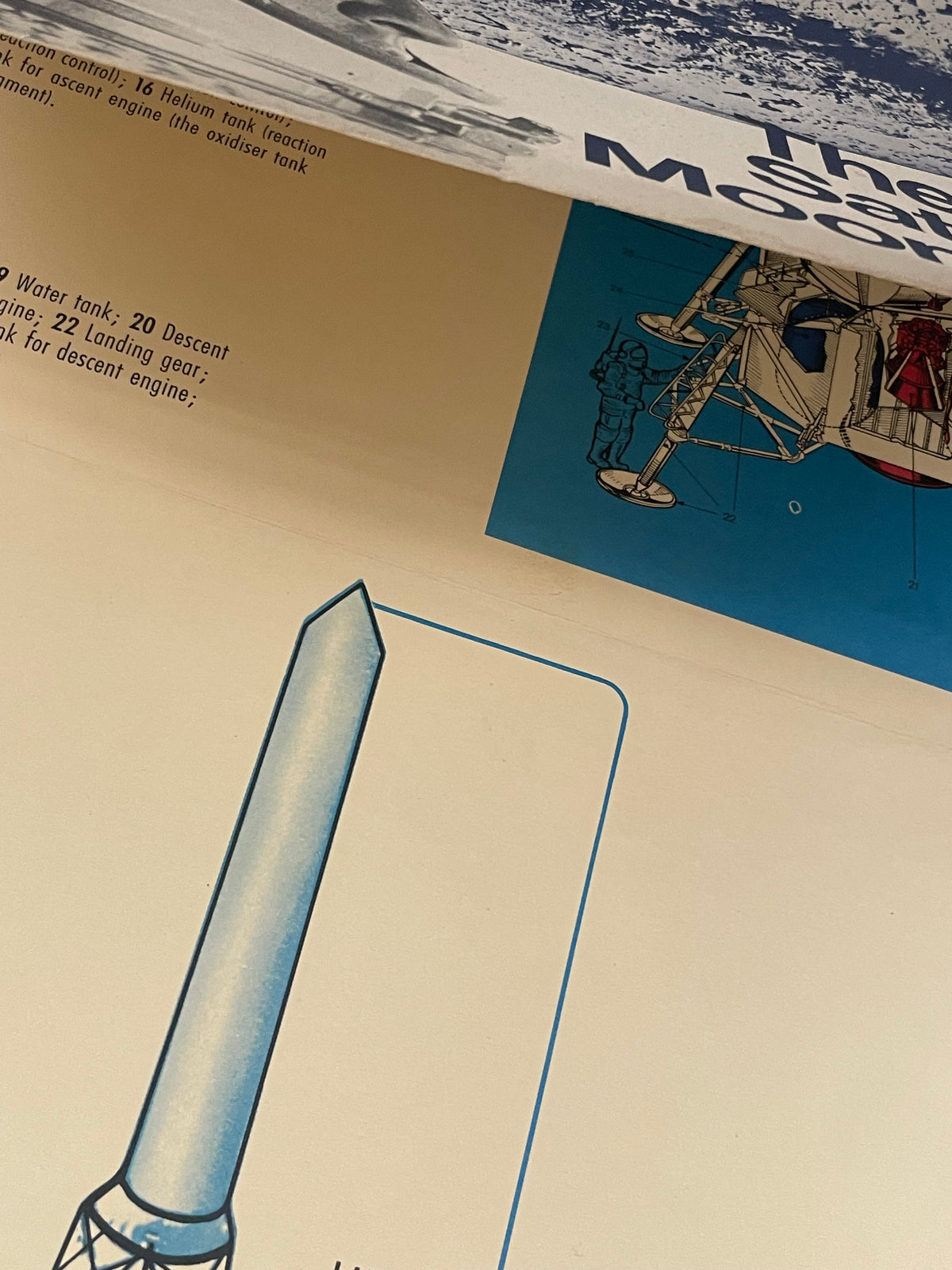 Book open to a page with a diagram of a rocket and text on a beige background