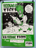 Promotional poster for Teenage Kicks with cartoon characters and text on a green background