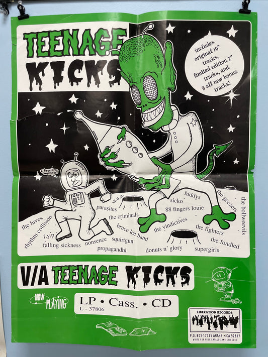 Promotional poster for Teenage Kicks with cartoon characters and text on a green background