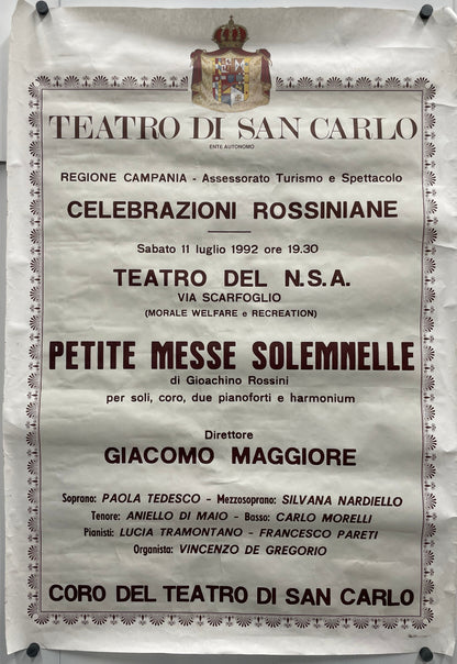 Vintage poster for a Rossini opera performance at Teatro San Carlo, featuring text and decorative elements.