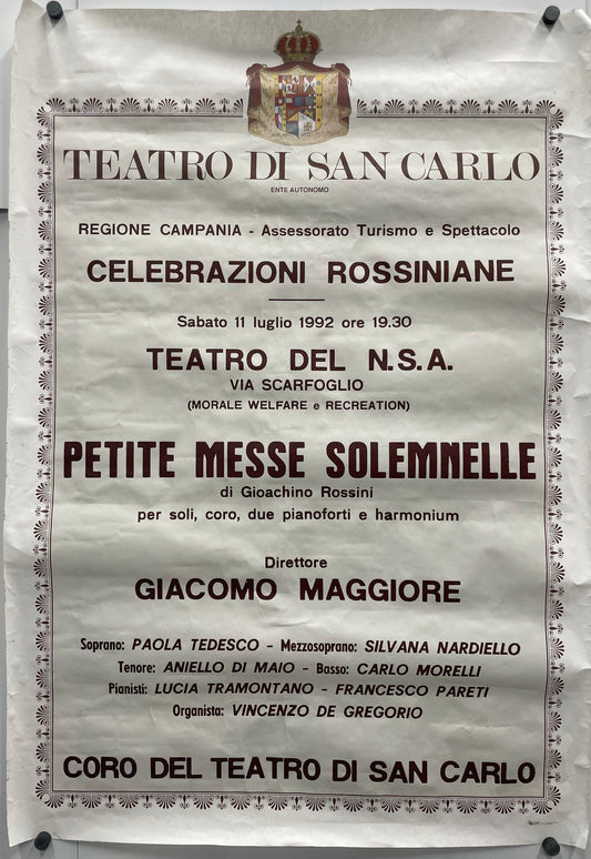 Vintage poster for a Rossini opera performance at Teatro San Carlo, featuring text and decorative elements.