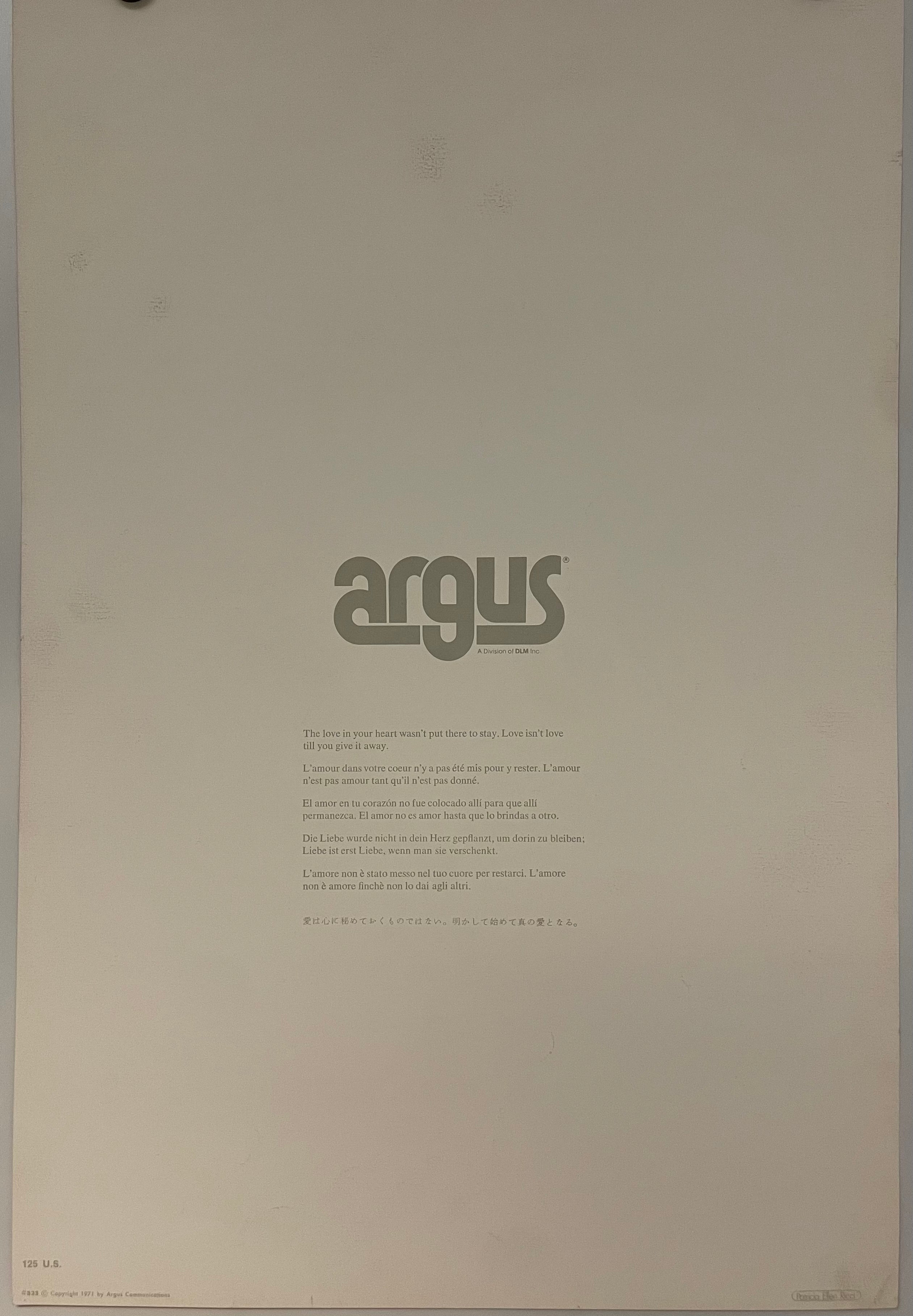 The Love In Your Heart, Original Argus Communications Poster 1971 by Patricia Ellen Ricci Happiest Kid Finds