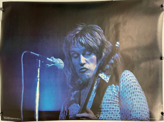 Poster of a person with a microphone and guitar on a dark background